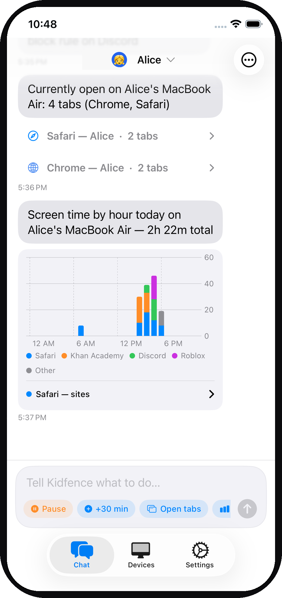 The Kidfence parent app on iPhone showing Alice's screen time by hour today, 2h 22m total, broken down by Safari, Khan Academy, Discord and Roblox, with quick actions to pause, grant time, and see open tabs.