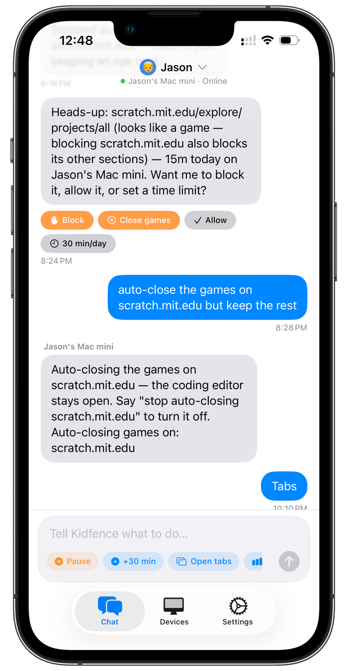 The Kidfence parent app, controlling the kid's Mac by texting in plain English.